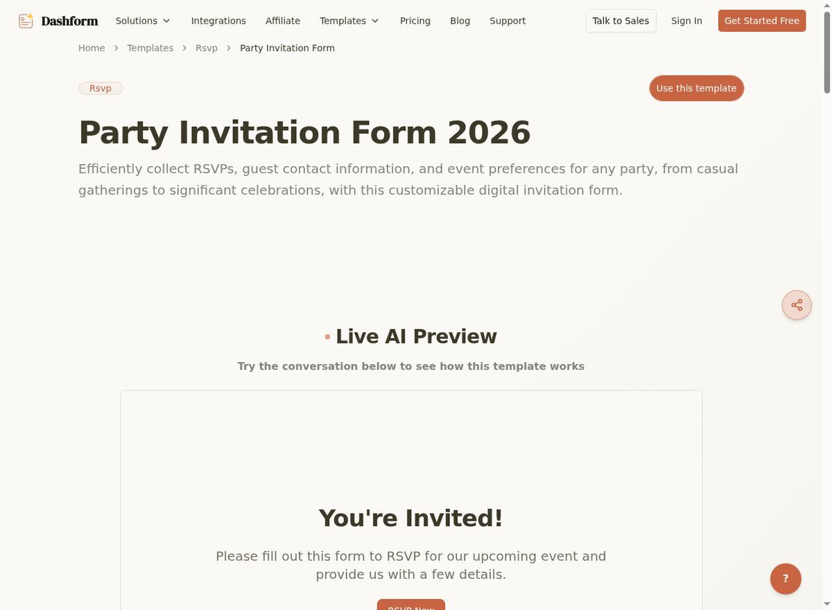 Dashform Party Invitation Form template page screenshot