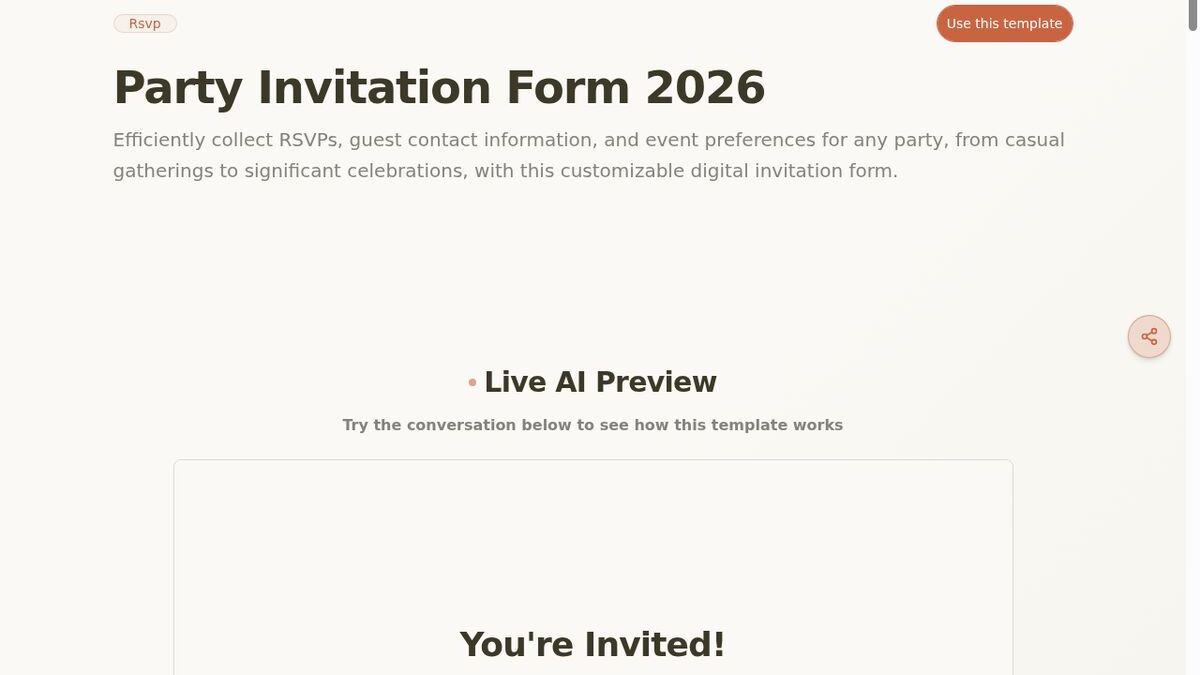 Dashform Party Invitation Form template page screenshot