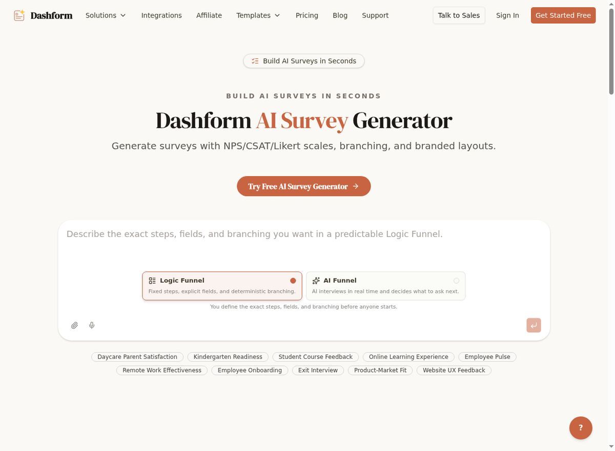 Dashform AI Survey Generator for creating post-wedding satisfaction surveys and testimonial collection
