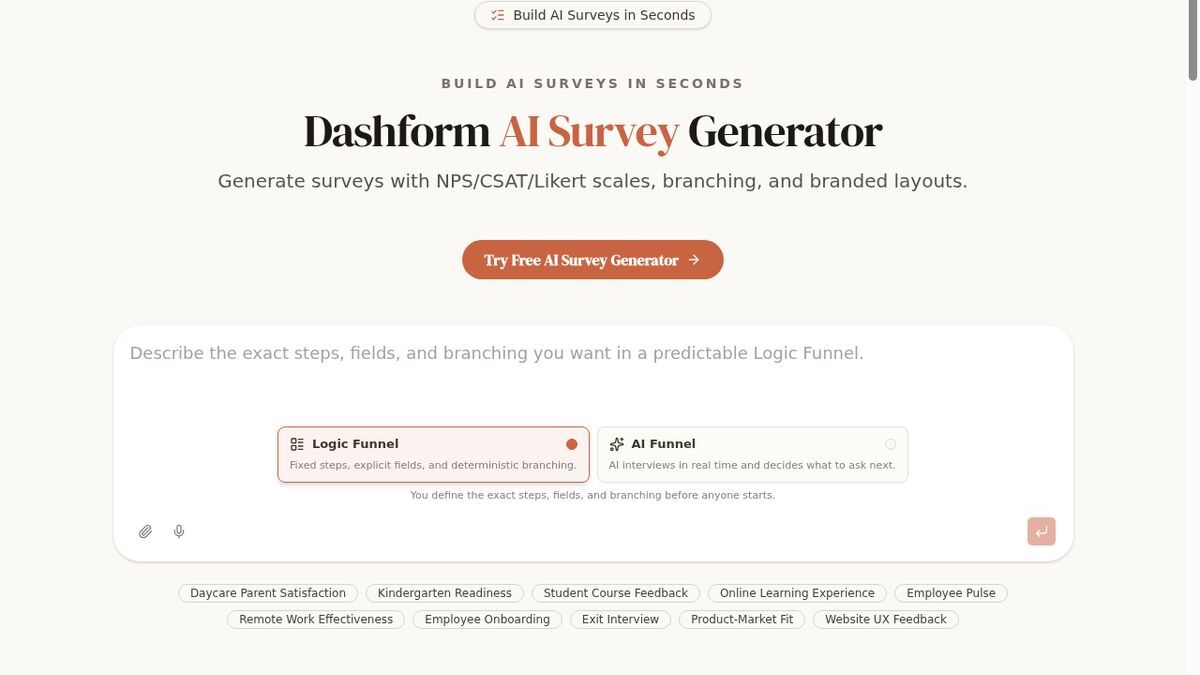 Dashform AI Survey Generator for creating post-wedding satisfaction surveys and testimonial collection