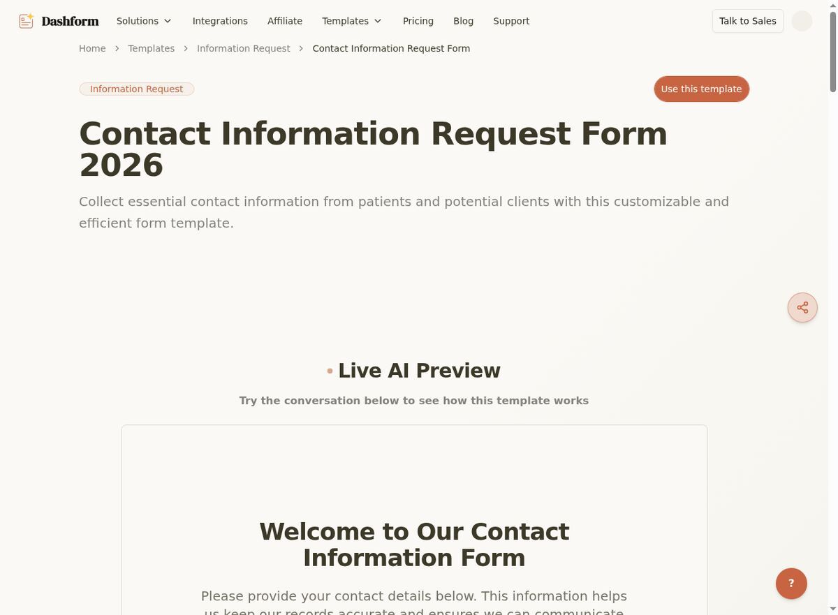 Dashform Contact Information Request Form template page screenshot