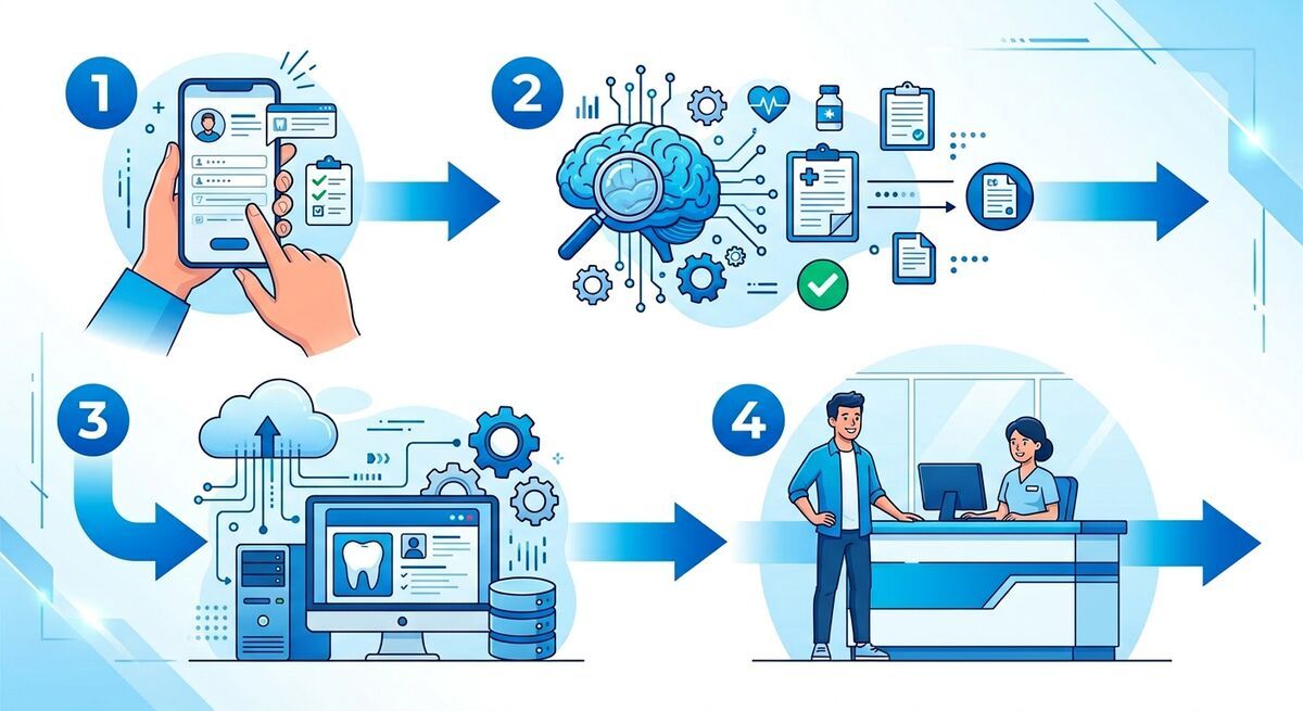 Dental patient intake workflow showing automated form delivery, AI validation, and data sync to practice management software
