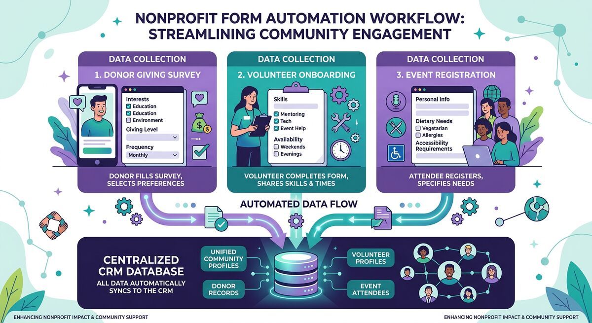 Nonprofit AI form automation workflow showing volunteer intake, donor survey, and event registration all feeding into centralized CRM
