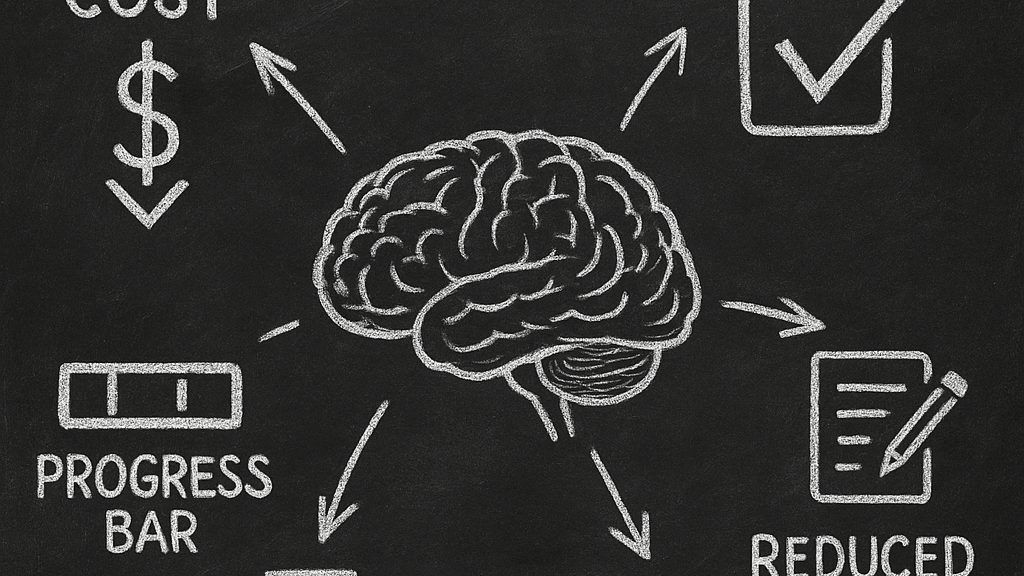 Chalkboard illustration showing brain with psychology concepts: Sunk Cost, Commitment, Progress Bar, Small Wins, Reduced Cognitive Load
