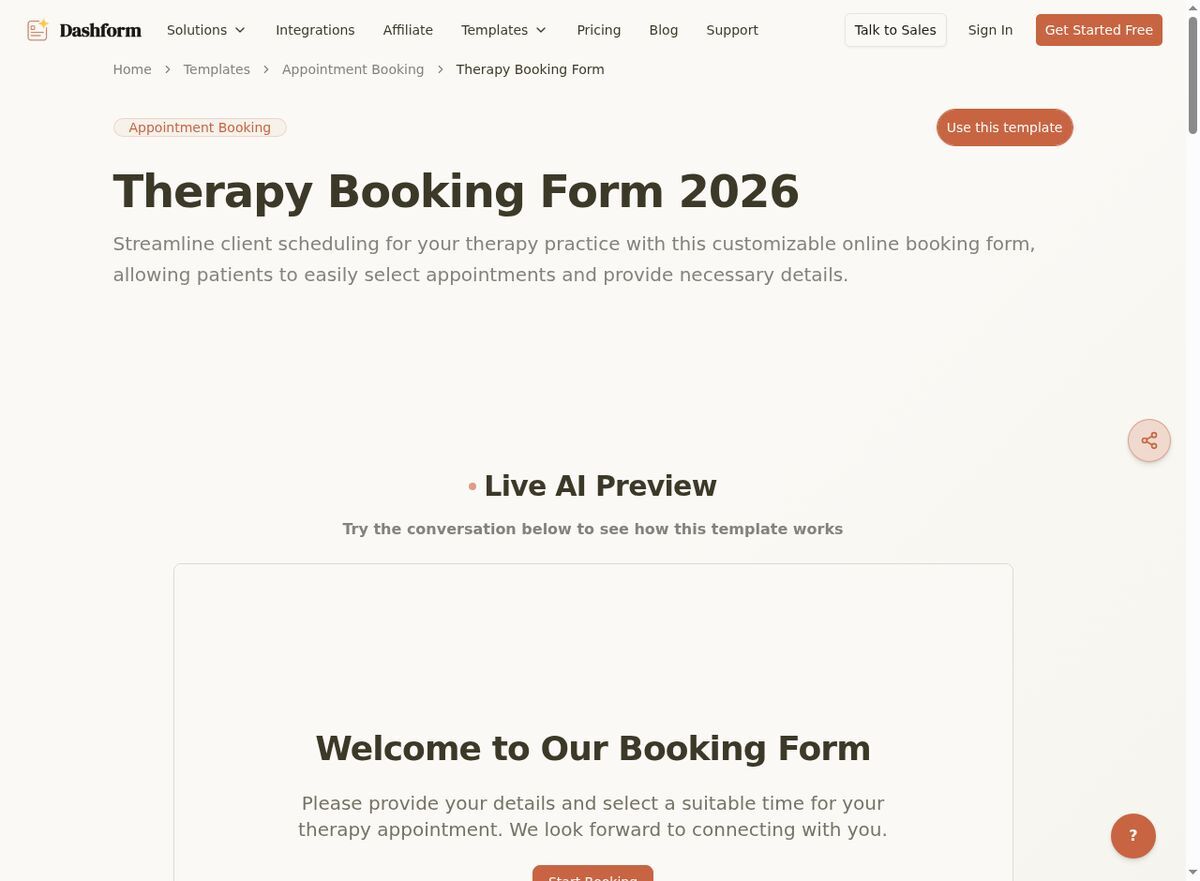 Dashform Therapy Booking Form template page screenshot