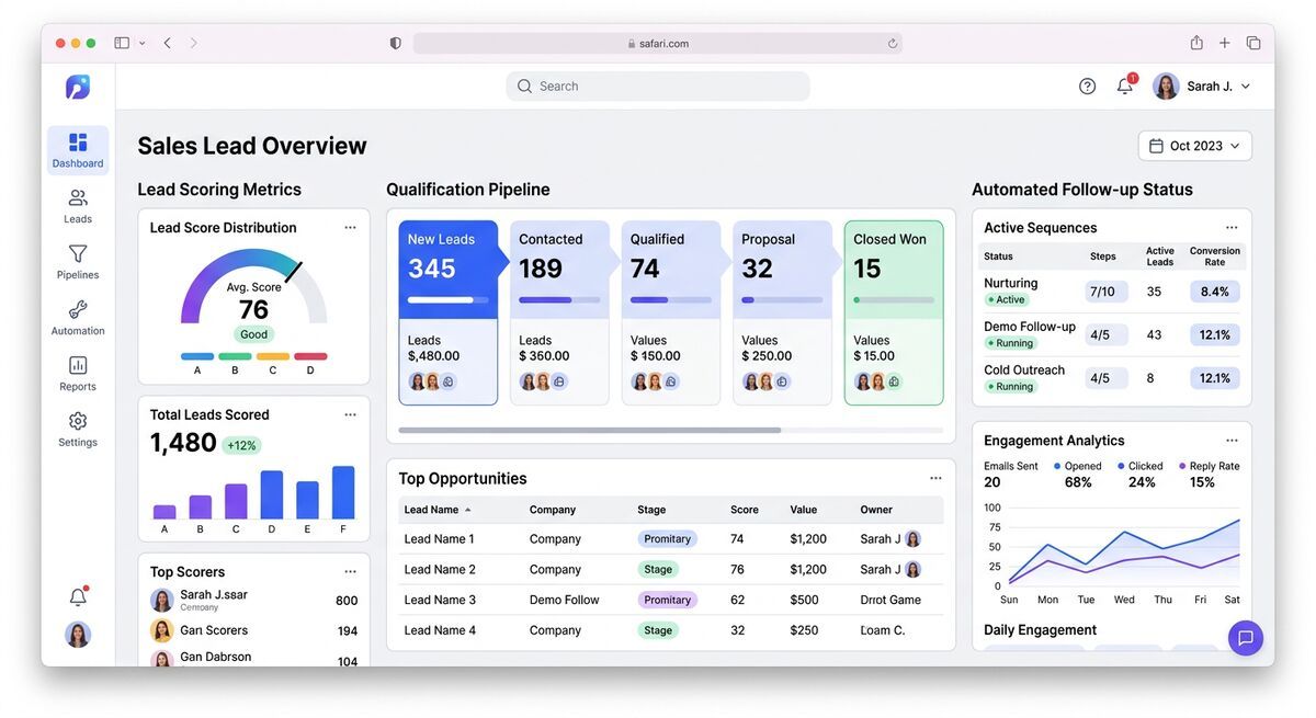 Lead scoring dashboard showing qualification pipeline and automated follow-up status