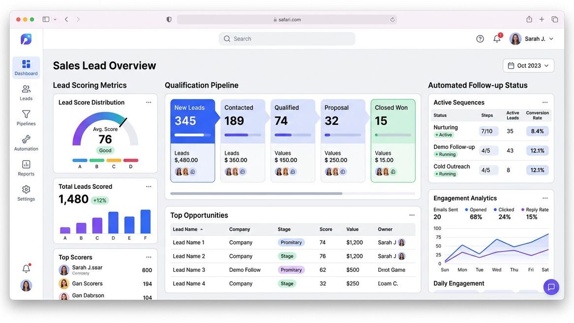 Lead scoring dashboard showing qualification pipeline and automated follow-up status