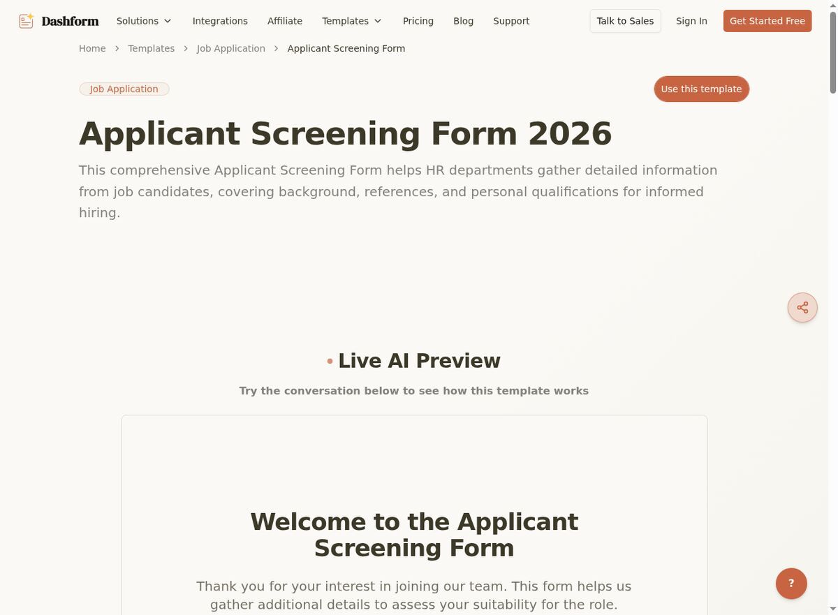 Dashform Applicant Screening Form template page screenshot