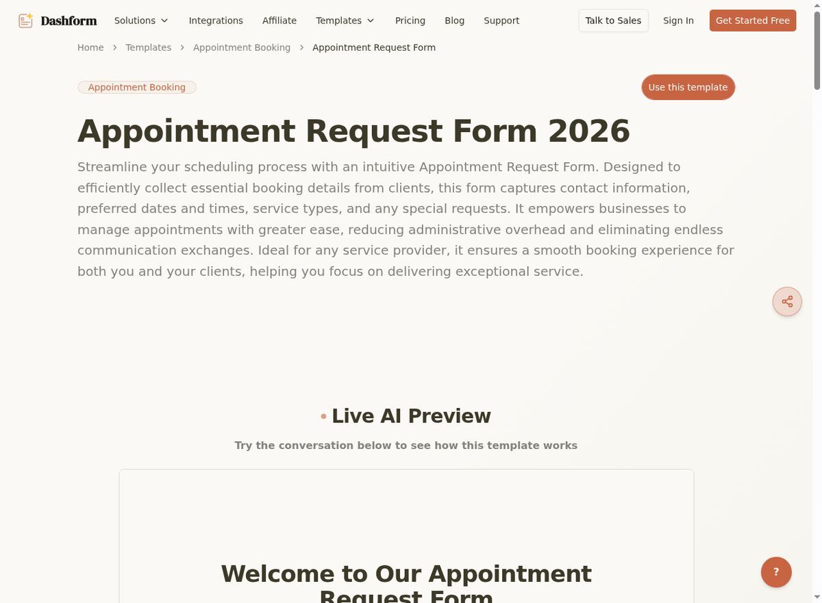 Dashform Appointment Request Form template page screenshot
