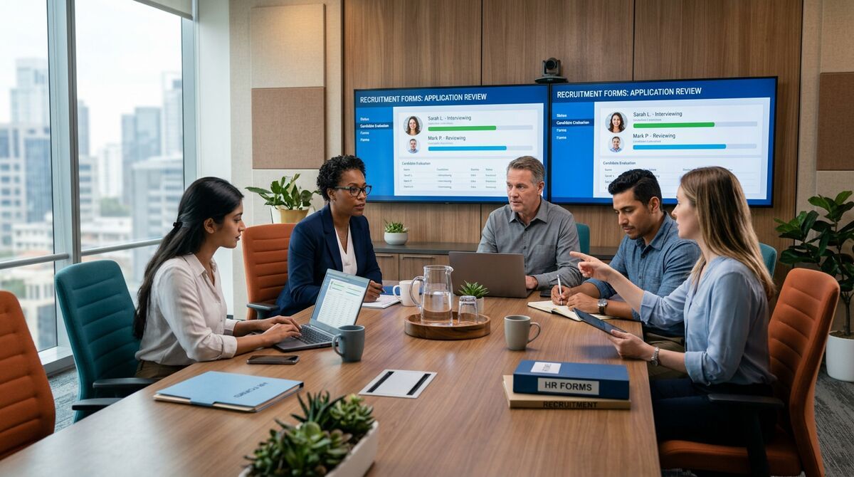 Modern office meeting room with HR evaluation forms on screens