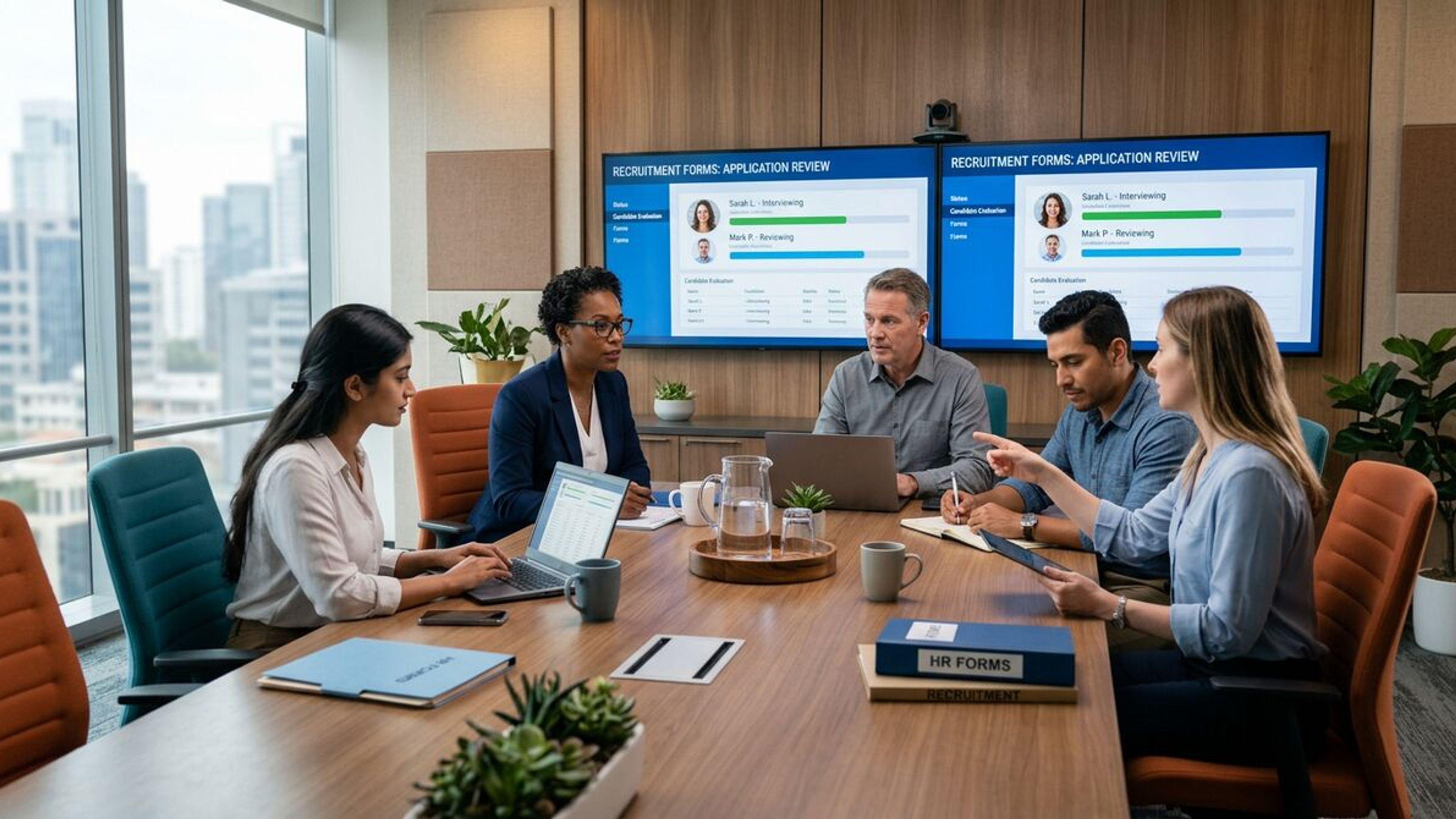Modern office meeting room with HR evaluation forms on screens