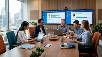 Modern office meeting room with HR evaluation forms on screens
