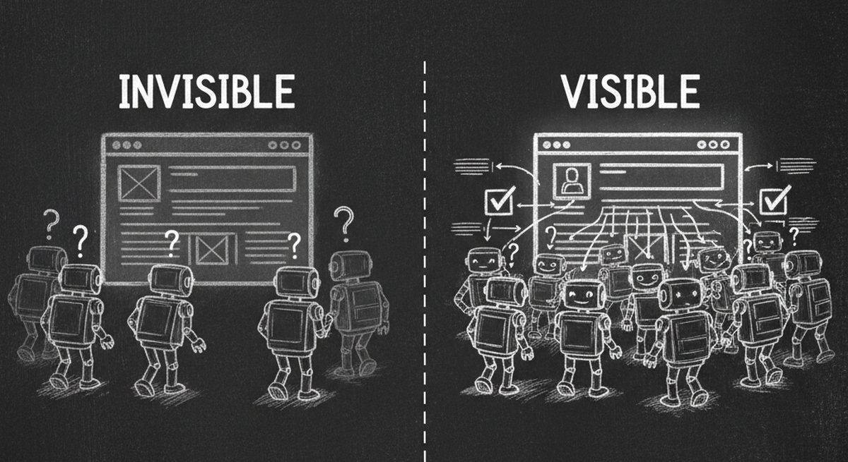 Chalkboard illustration showing invisible ghost website vs glowing visible website discovered by AI agents