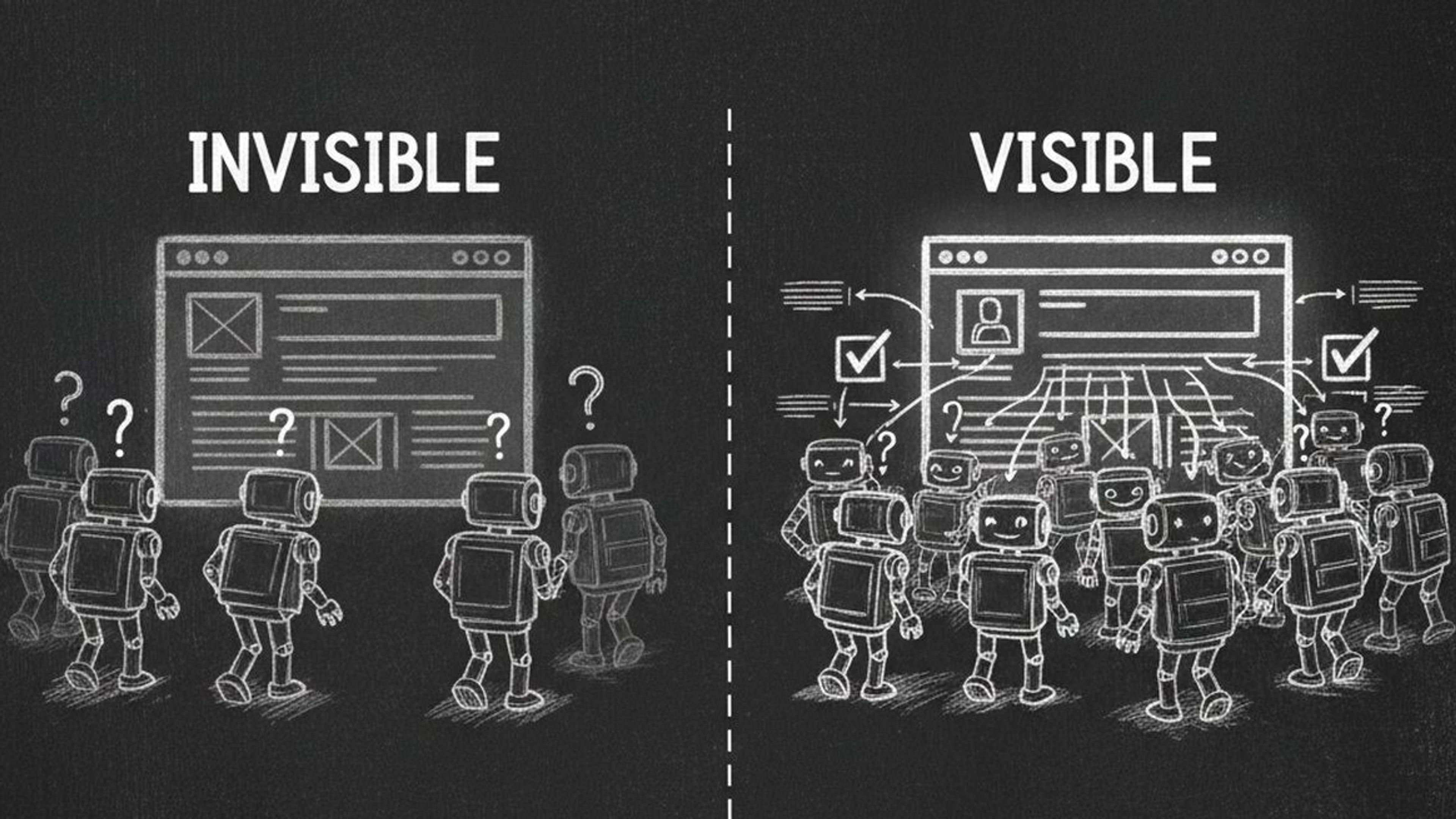 Chalkboard illustration showing invisible ghost website vs glowing visible website discovered by AI agents