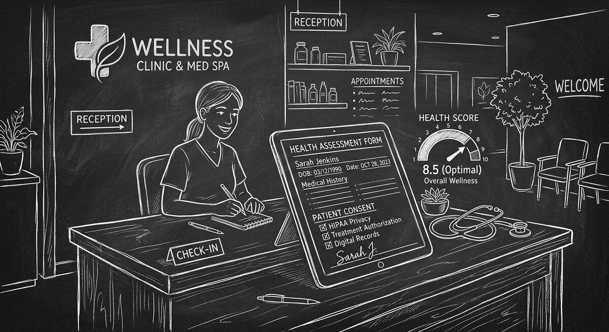 AI health assessment form on tablet in clinic waiting room with digital intake scoring
