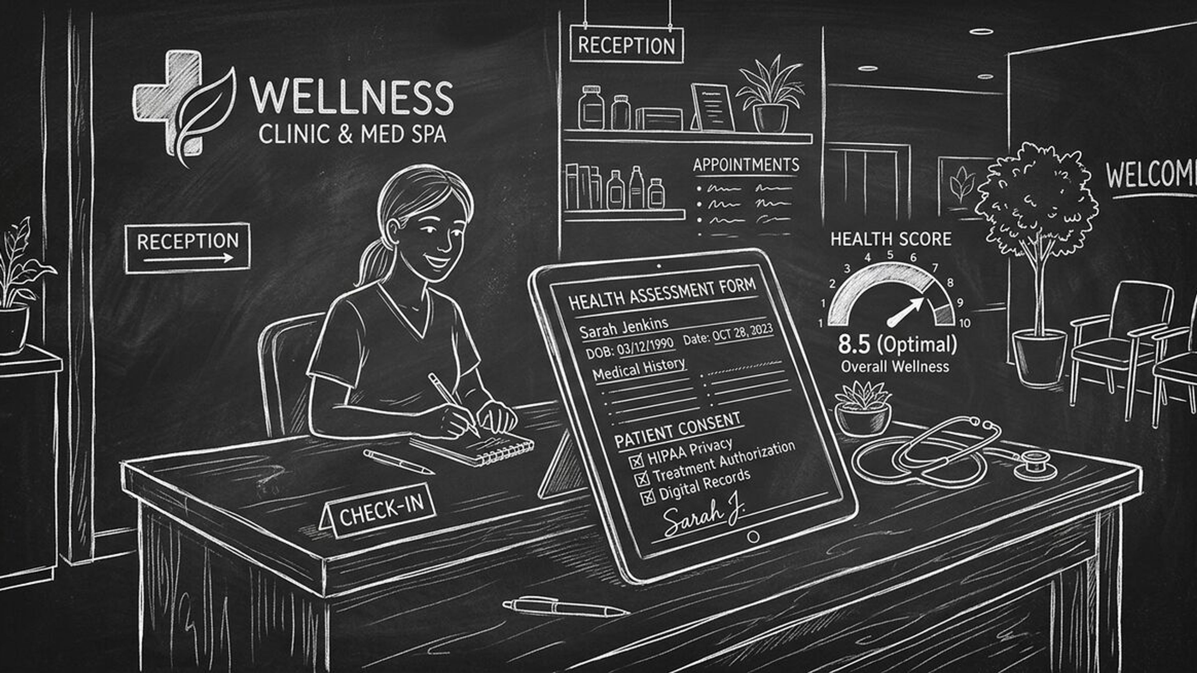 AI health assessment form on tablet in clinic waiting room with digital intake scoring