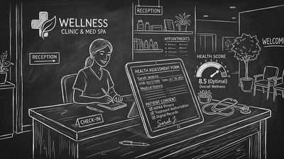 AI health assessment form on tablet in clinic waiting room with digital intake scoring