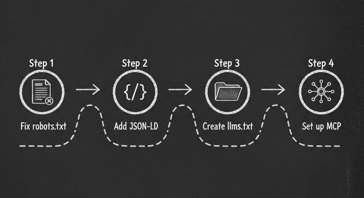 Chalkboard illustration showing step-by-step guide for making a website AI-ready with robots.txt, JSON-LD, llms.txt, and MCP