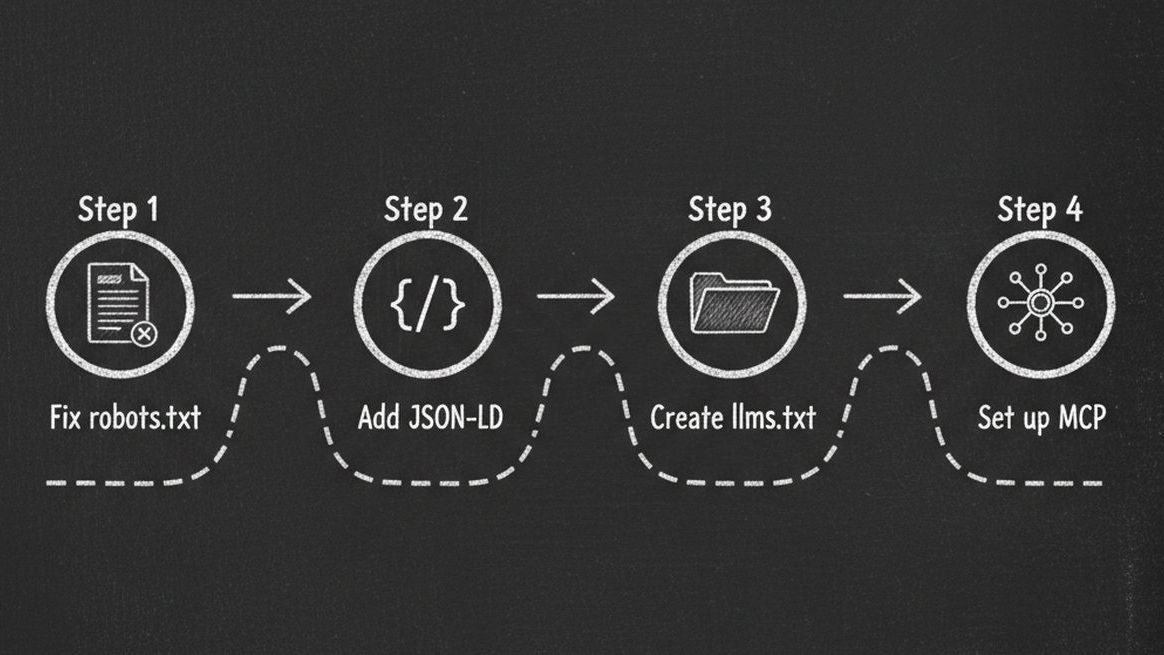Chalkboard illustration showing step-by-step guide for making a website AI-ready with robots.txt, JSON-LD, llms.txt, and MCP