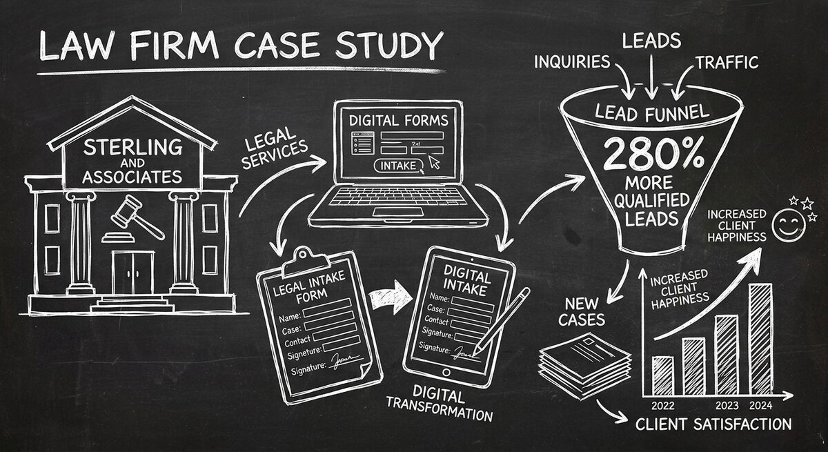Chalkboard style illustration of Sterling & Associates law firm case study showing digital legal intake transformation with 280% qualified lead growth