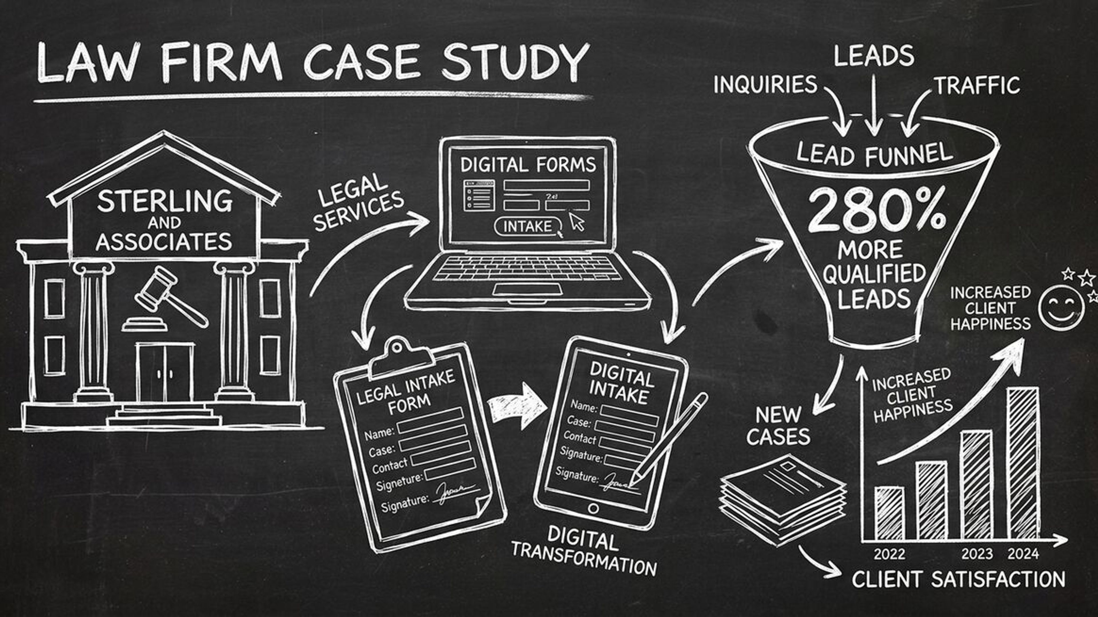 Chalkboard style illustration of Sterling & Associates law firm case study showing digital legal intake transformation with 280% qualified lead growth