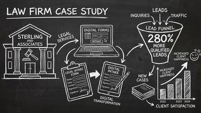 Chalkboard style illustration of Sterling & Associates law firm case study showing digital legal intake transformation with 280% qualified lead growth