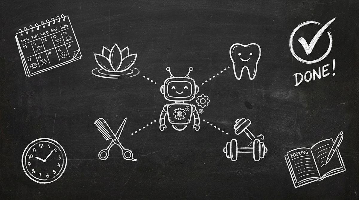 Chalkboard sketch showing AI agent connecting local businesses like spas salons and dental clinics for automated booking