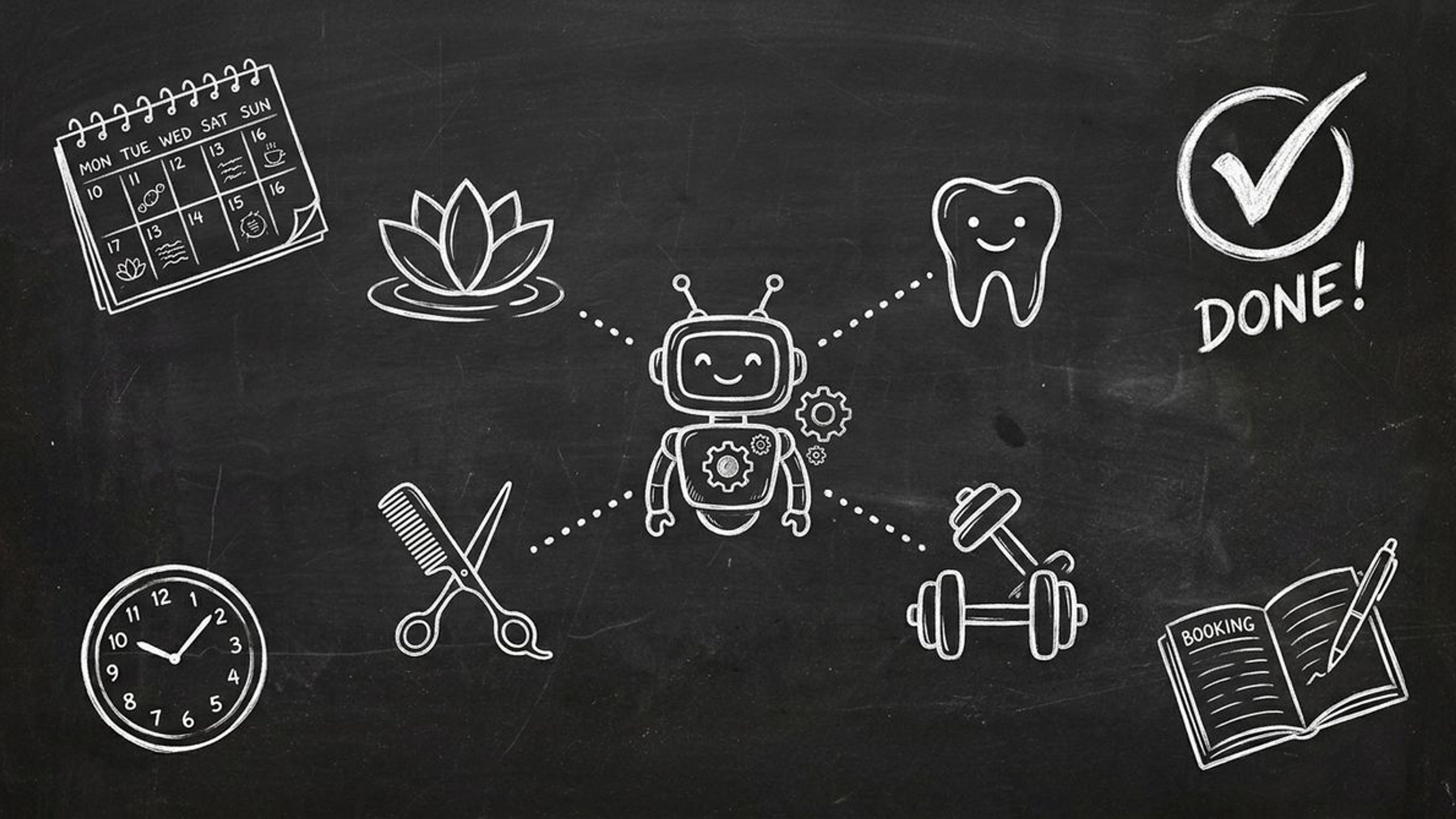 Chalkboard sketch showing AI agent connecting local businesses like spas salons and dental clinics for automated booking