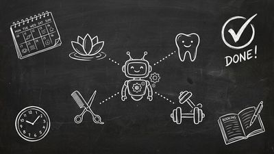 Chalkboard sketch showing AI agent connecting local businesses like spas salons and dental clinics for automated booking