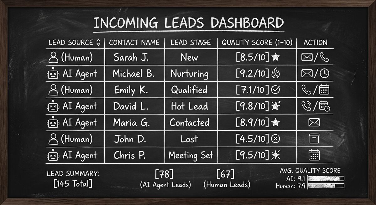 Dashboard showing incoming leads labeled Human and AI Agent with quality scores