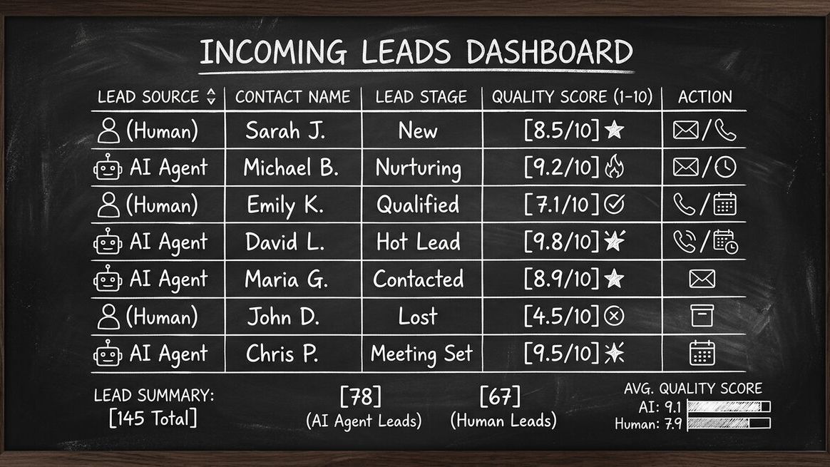 Dashboard showing incoming leads labeled Human and AI Agent with quality scores