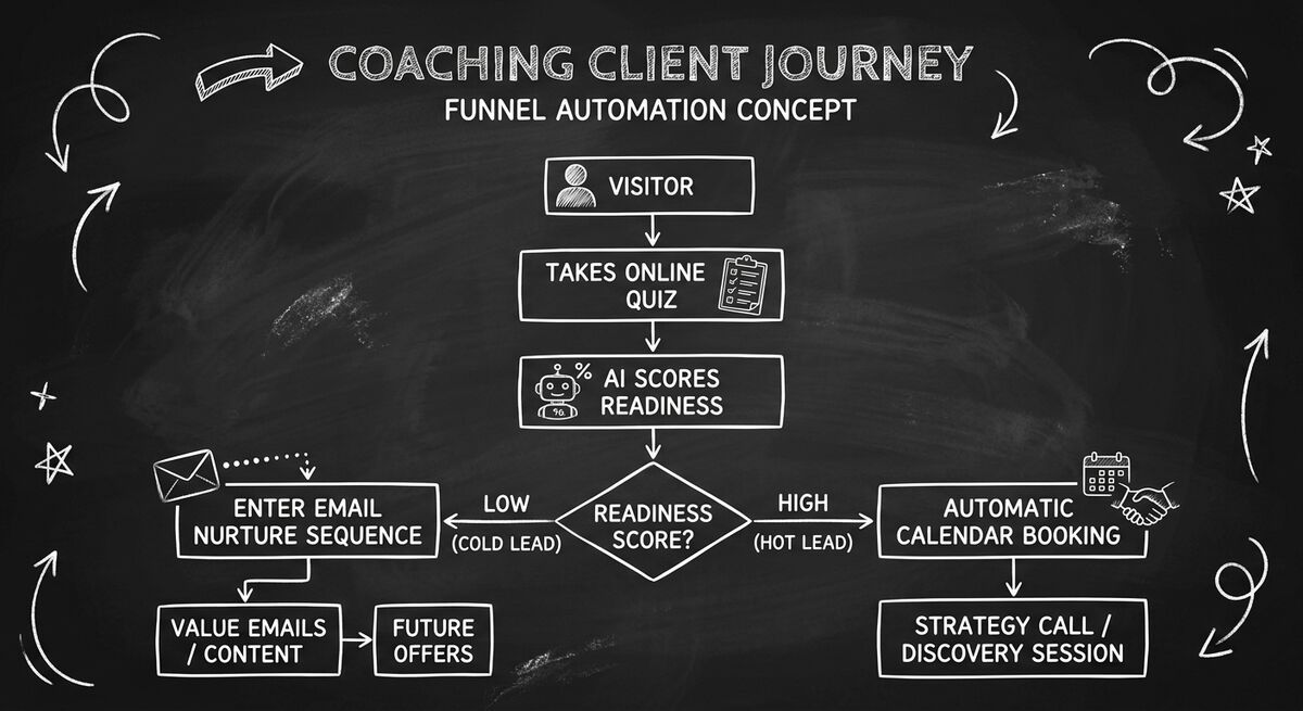 Coaching client journey flowchart showing quiz to AI scoring to calendar booking automation