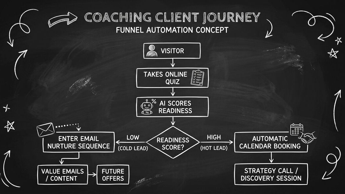 Coaching client journey flowchart showing quiz to AI scoring to calendar booking automation