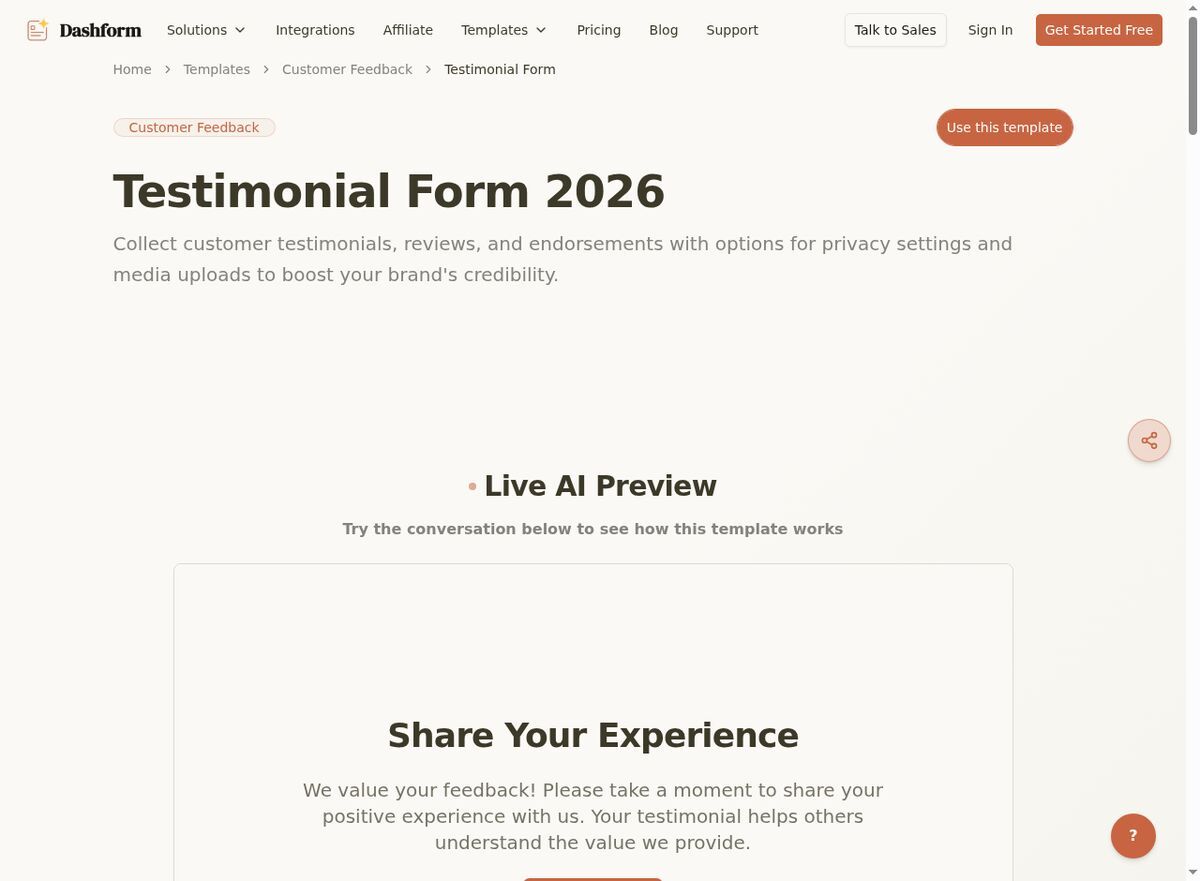 Dashform Testimonial Form template page screenshot