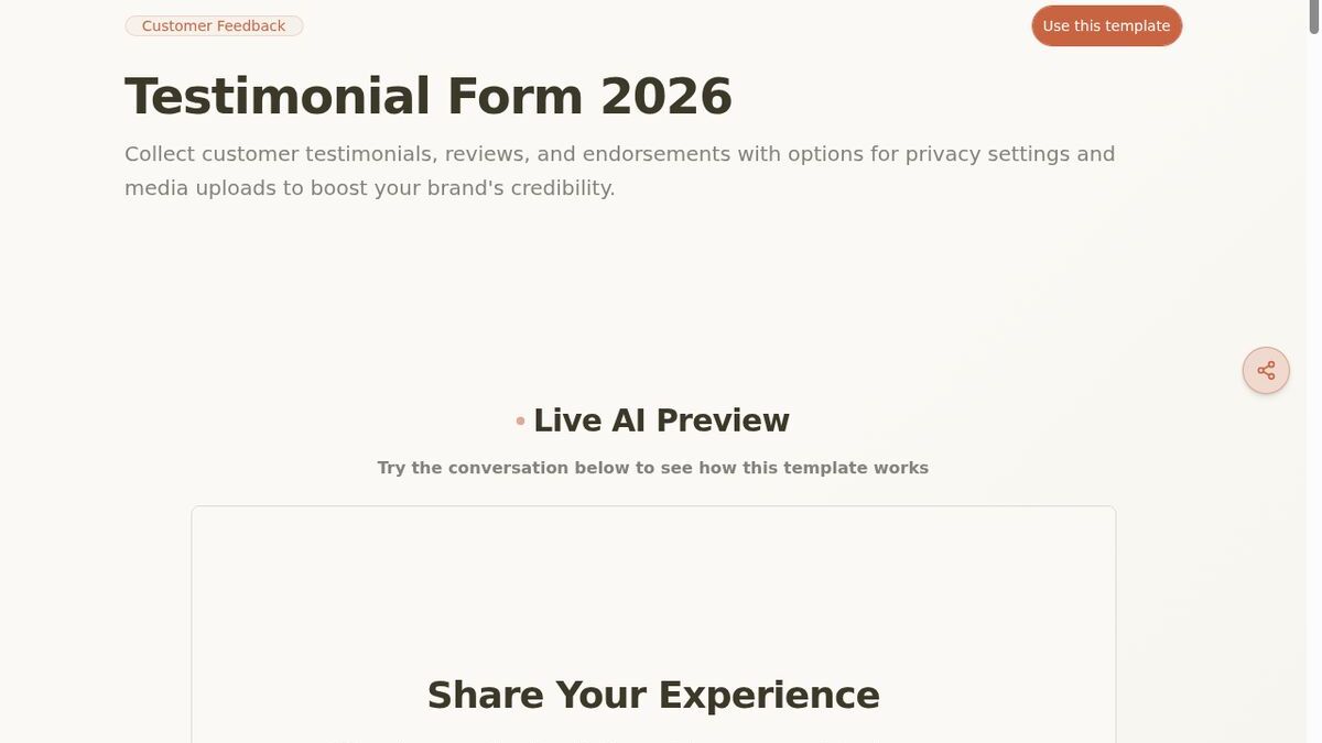 Dashform Testimonial Form template page screenshot