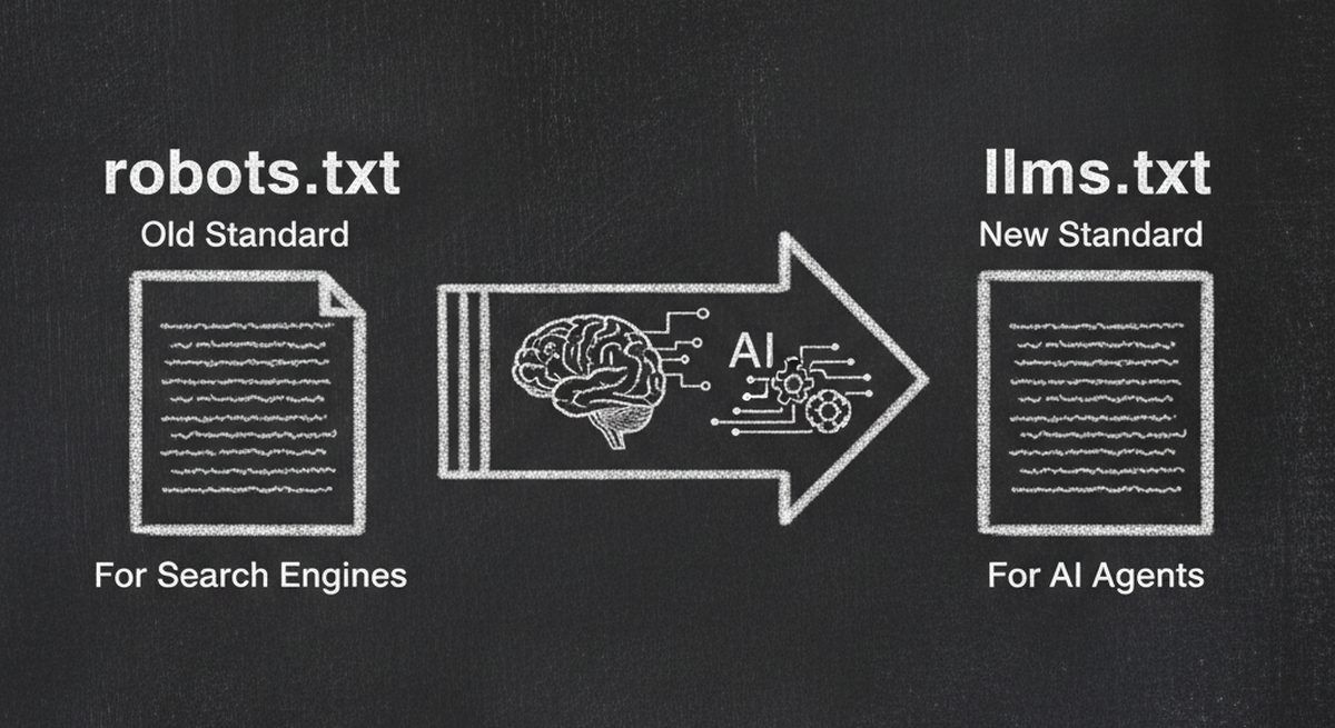 Chalkboard illustration showing llms.txt file next to robots.txt with AI brain icon representing the evolution from SEO to AI agent era