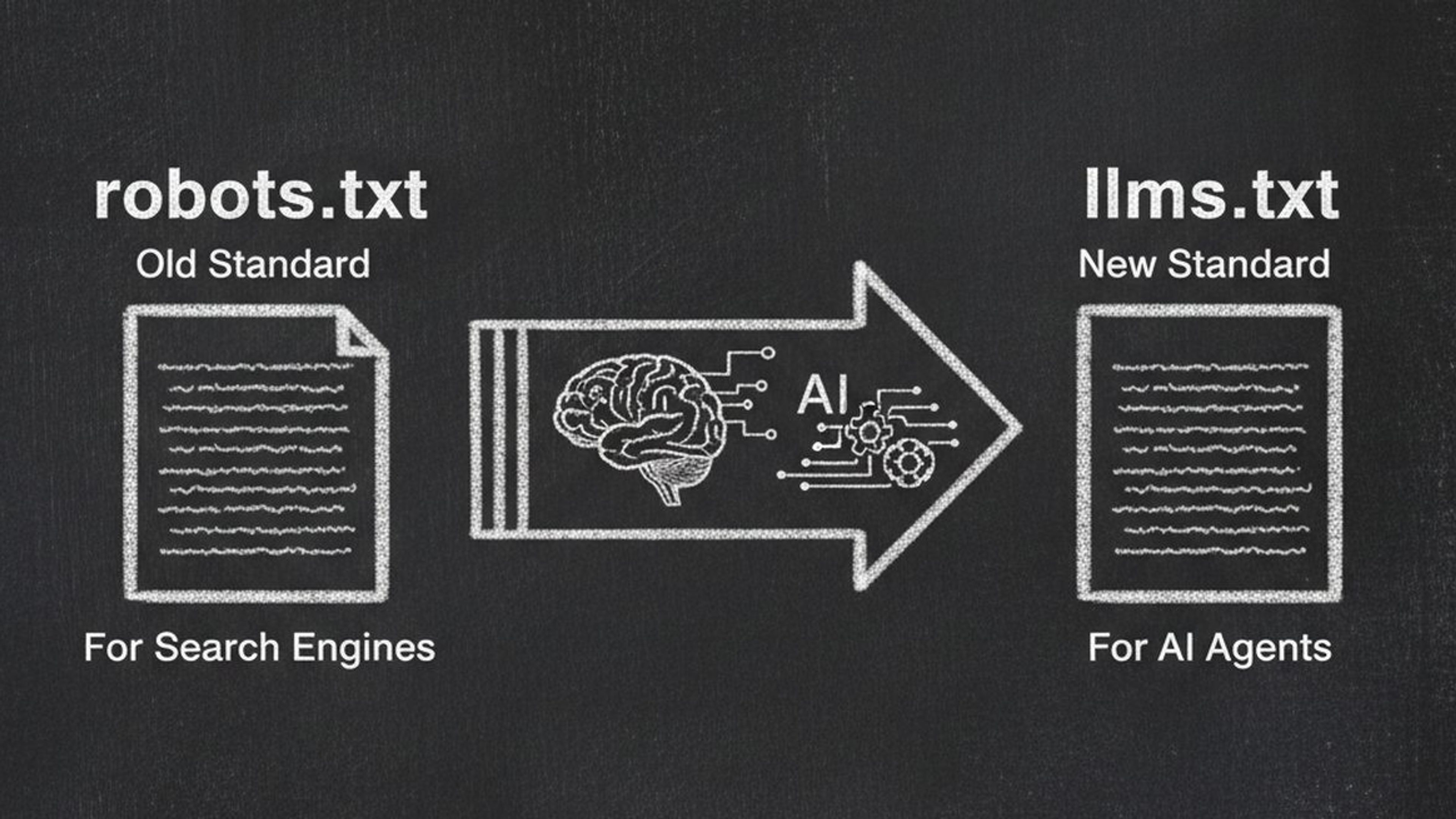 Chalkboard illustration showing llms.txt file next to robots.txt with AI brain icon representing the evolution from SEO to AI agent era