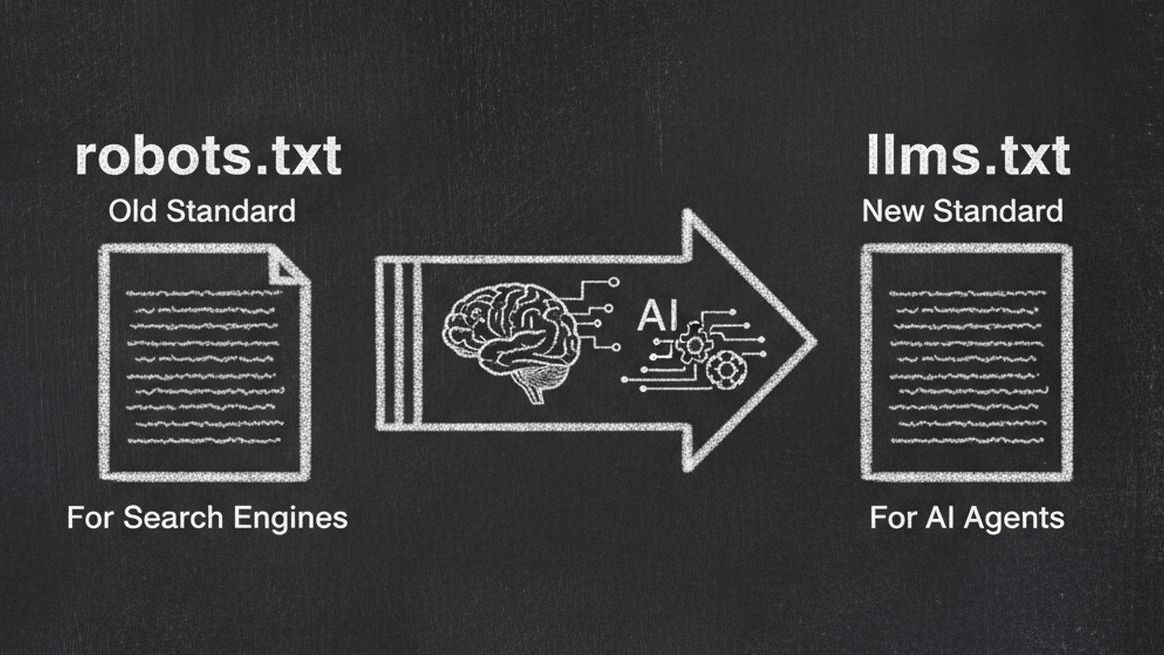 Chalkboard illustration showing llms.txt file next to robots.txt with AI brain icon representing the evolution from SEO to AI agent era