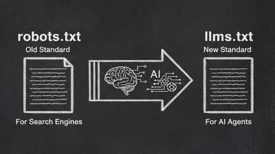 Chalkboard illustration showing llms.txt file next to robots.txt with AI brain icon representing the evolution from SEO to AI agent era