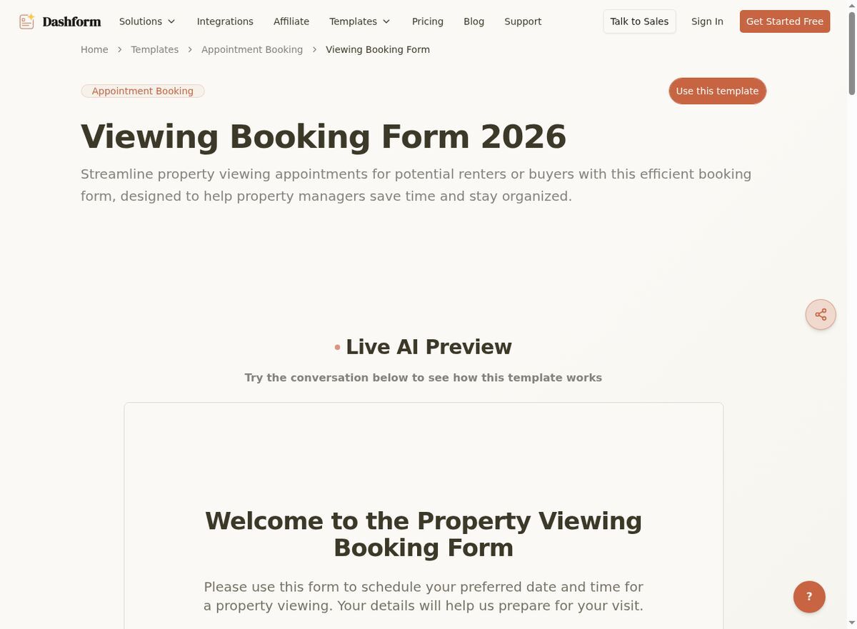 Dashform Book a Viewing Form template page screenshot