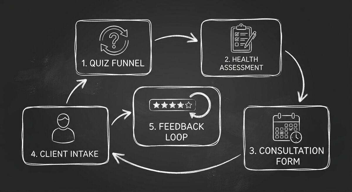 Dashform workflow diagram showing the 5 connected tools Radiance Wellness uses: quiz funnel, health assessment, consultation form, client intake, and feedback loop