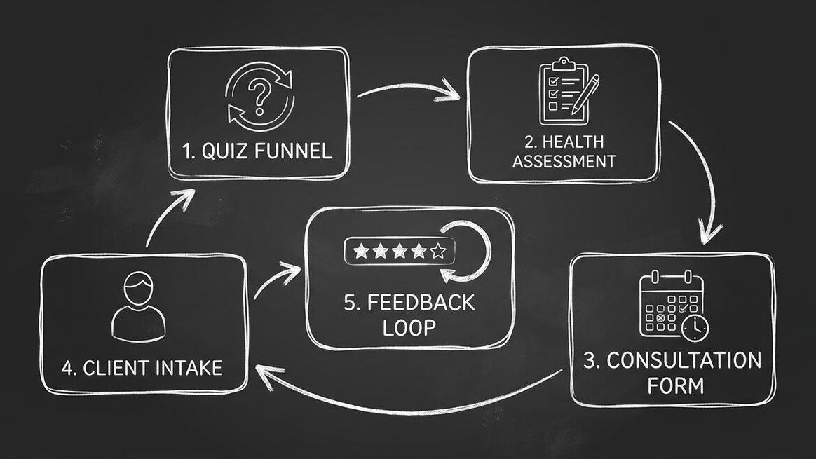 Dashform workflow diagram showing the 5 connected tools Radiance Wellness uses: quiz funnel, health assessment, consultation form, client intake, and feedback loop