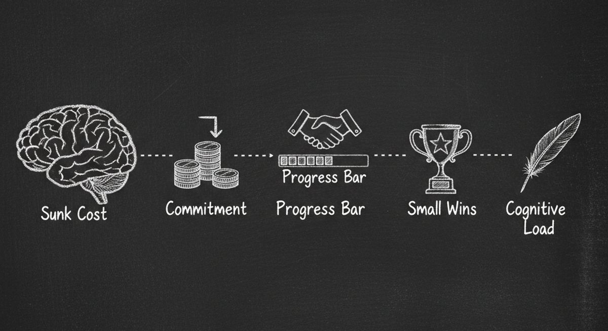 Chalkboard illustration showing brain with psychology concepts: Sunk Cost, Commitment, Progress Bar, Small Wins, Reduced Cognitive Load