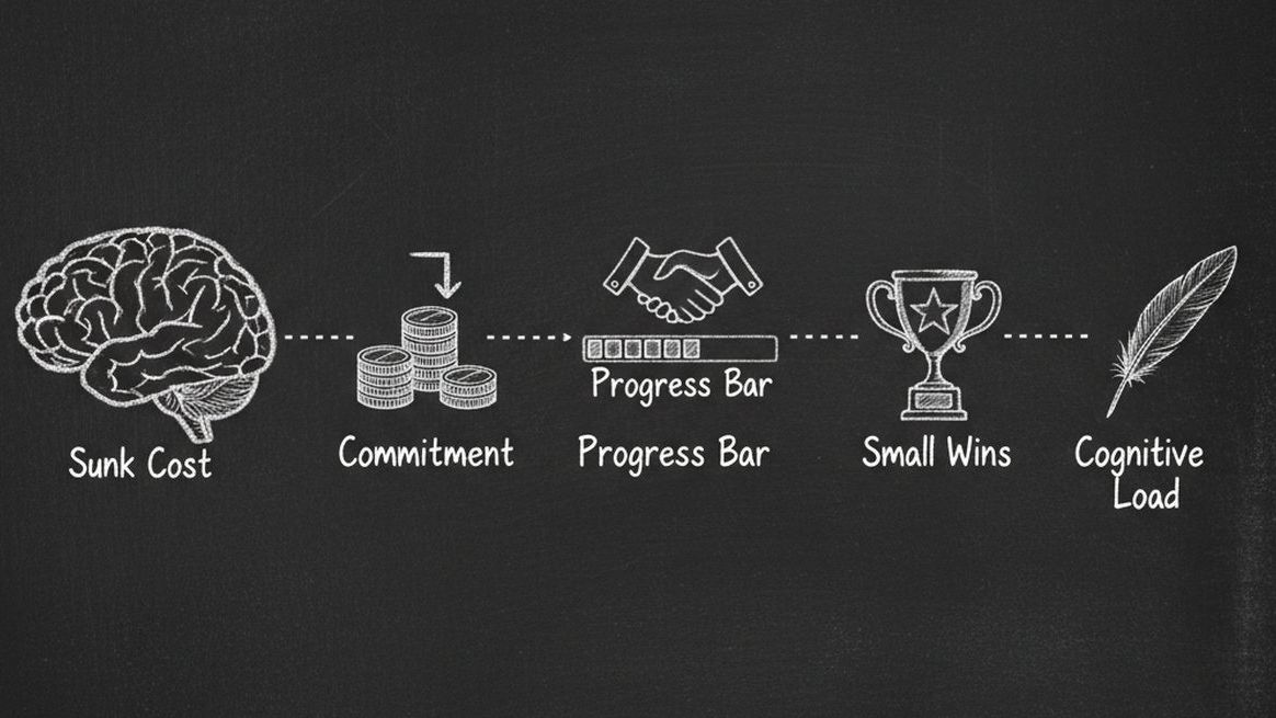 Chalkboard illustration showing brain with psychology concepts: Sunk Cost, Commitment, Progress Bar, Small Wins, Reduced Cognitive Load