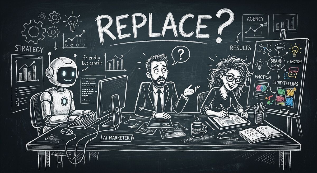 Agency marketer and AI robot facing off with client in the middle