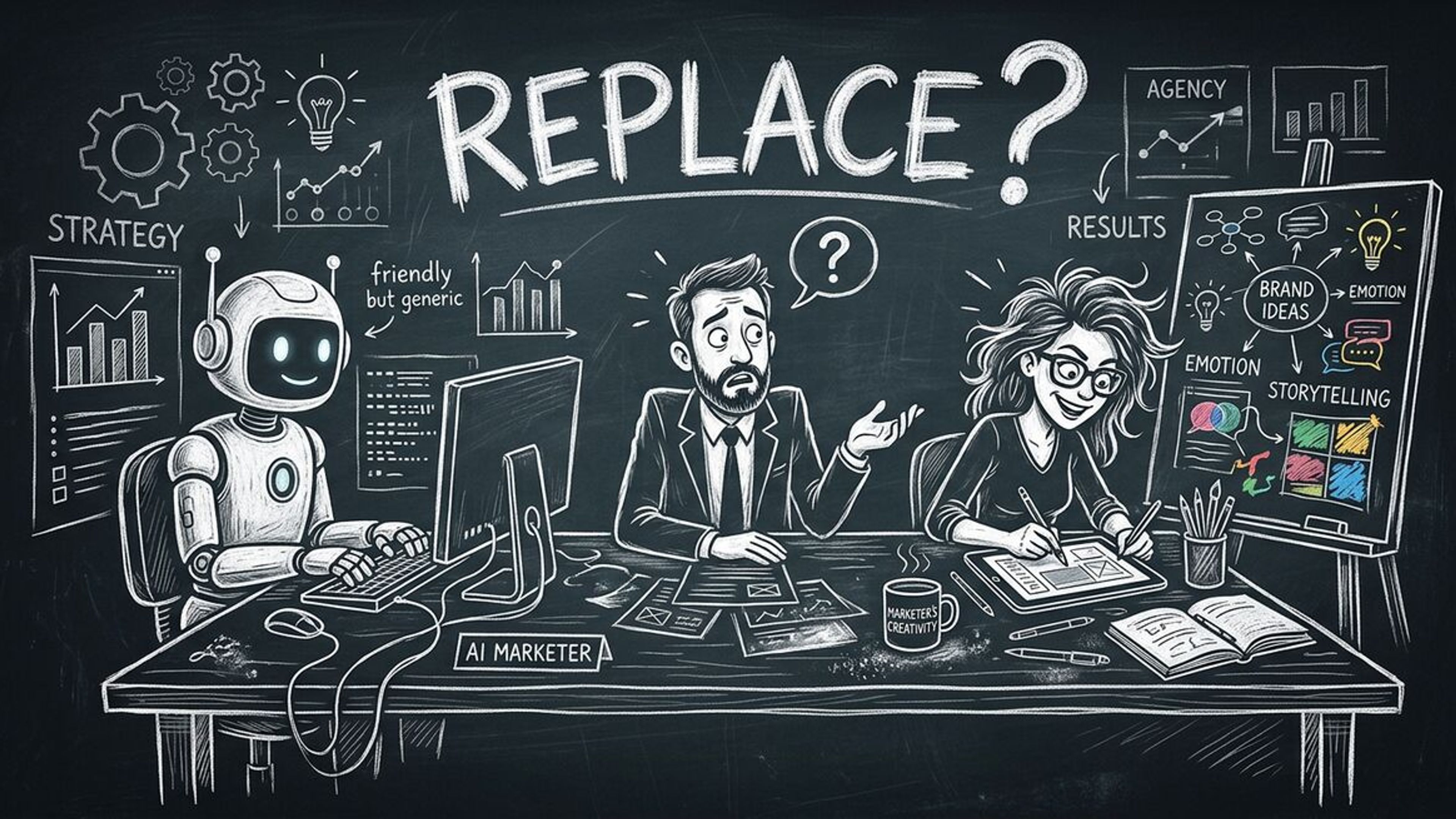 Agency marketer and AI robot facing off with client in the middle