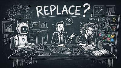 Agency marketer and AI robot facing off with client in the middle