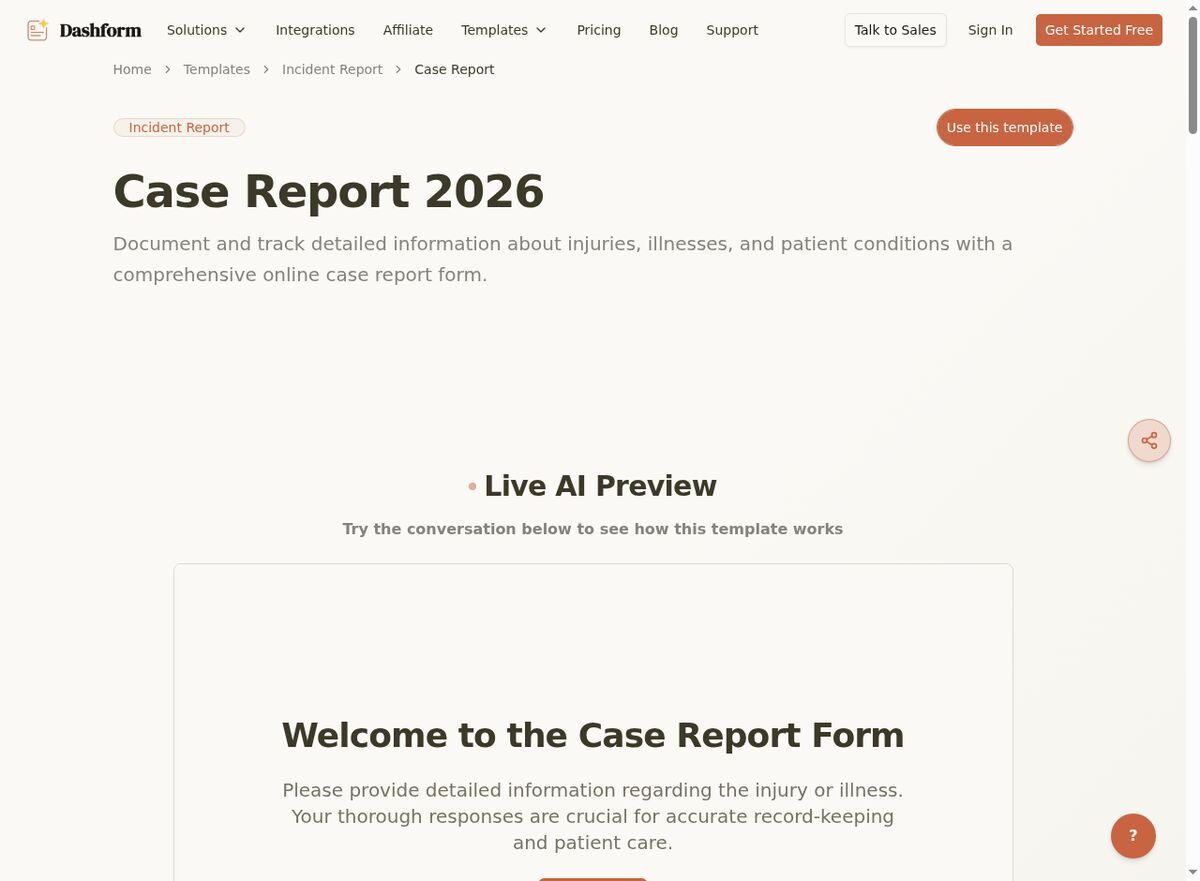 Dashform Case Report Form template page screenshot