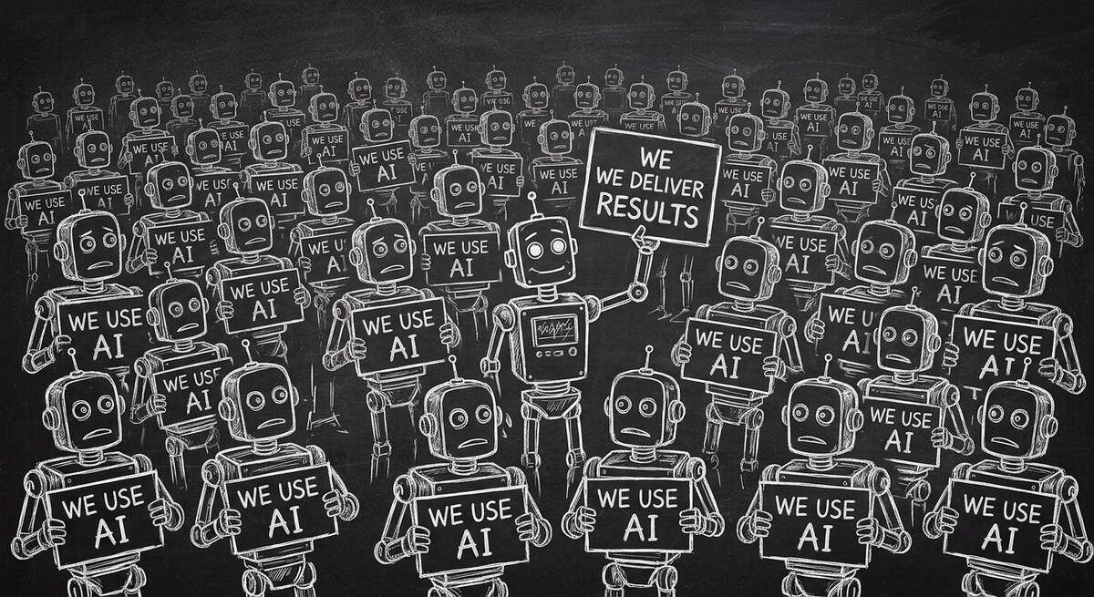 Crowd of identical robots holding We Use AI signs with one standing out by holding We Deliver Results