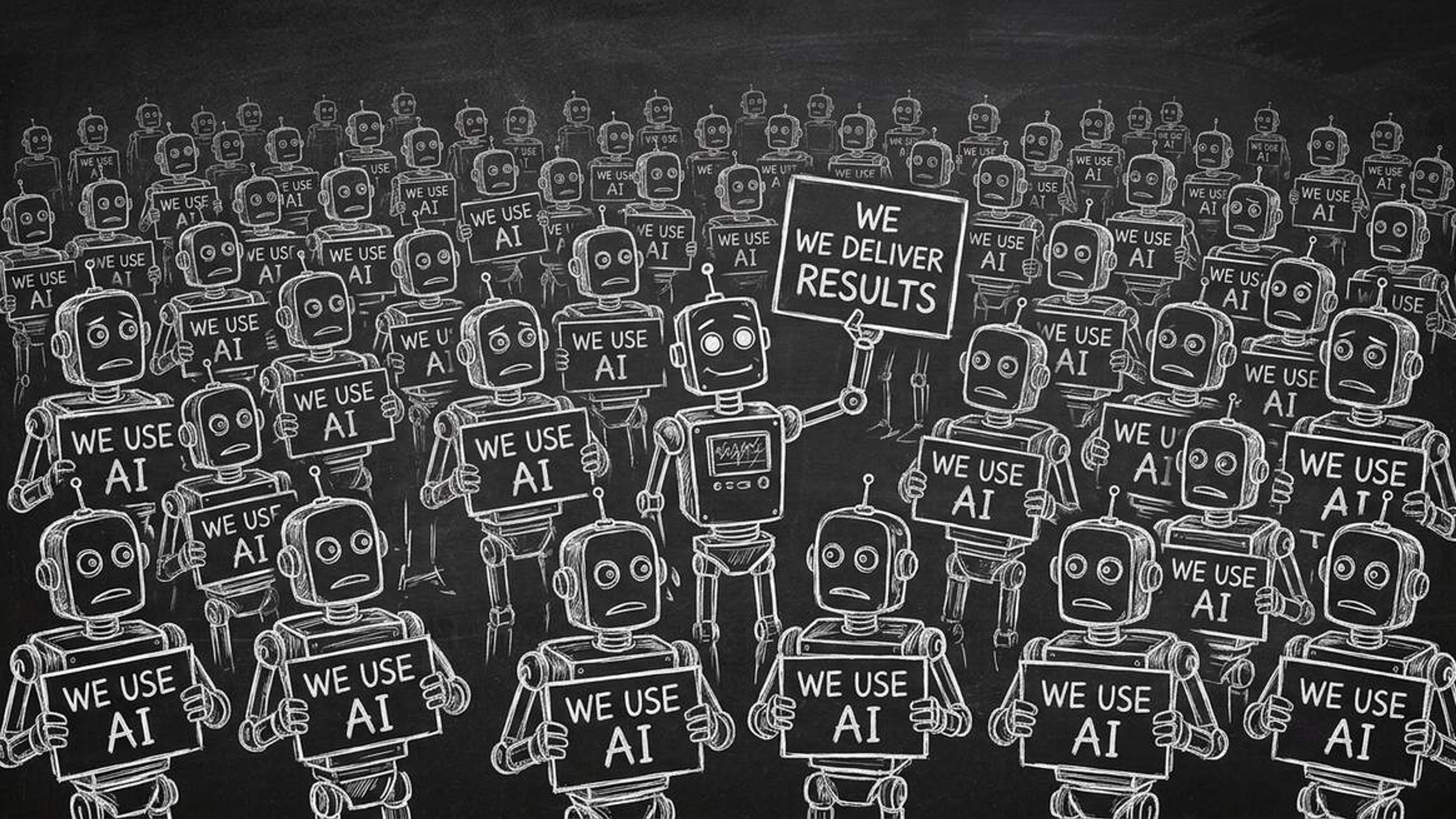 Crowd of identical robots holding We Use AI signs with one standing out by holding We Deliver Results